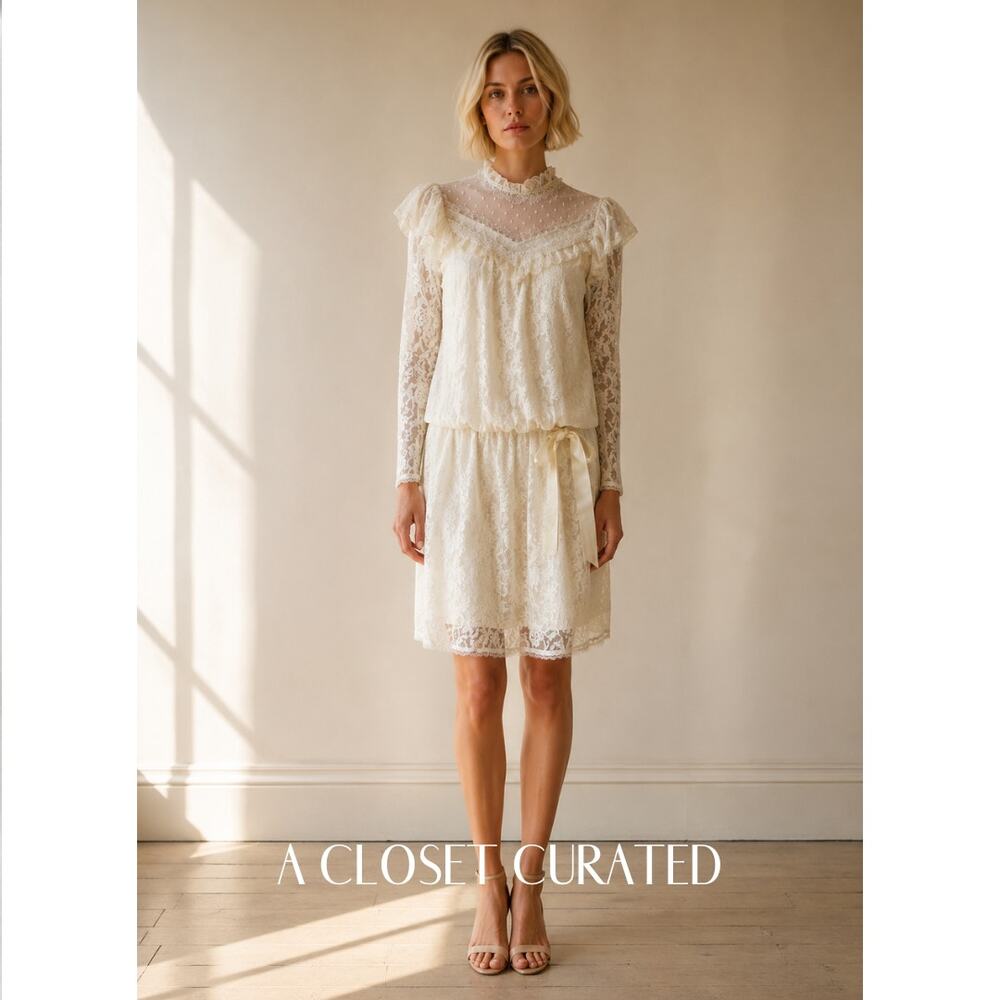 Vintage 1980s Jessica McClintock Gunne Sax Lace Drop Waist Dress Ivory
